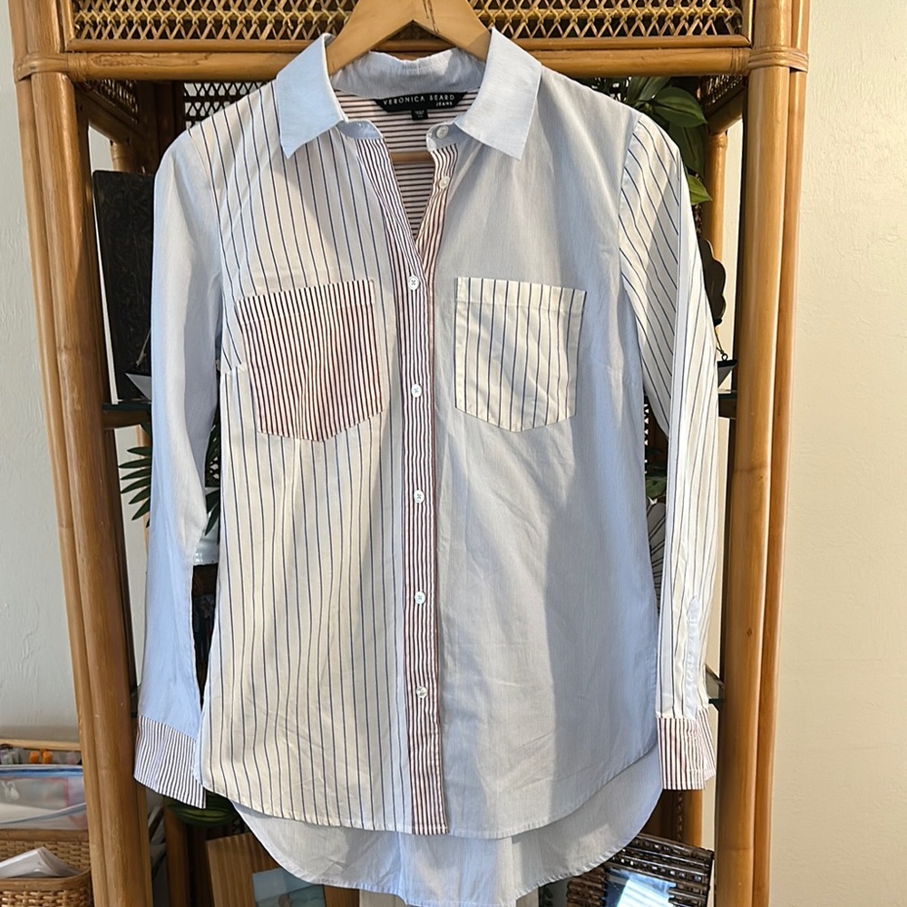 Veronica Beard Blue and White Striped Button-Down Shirt